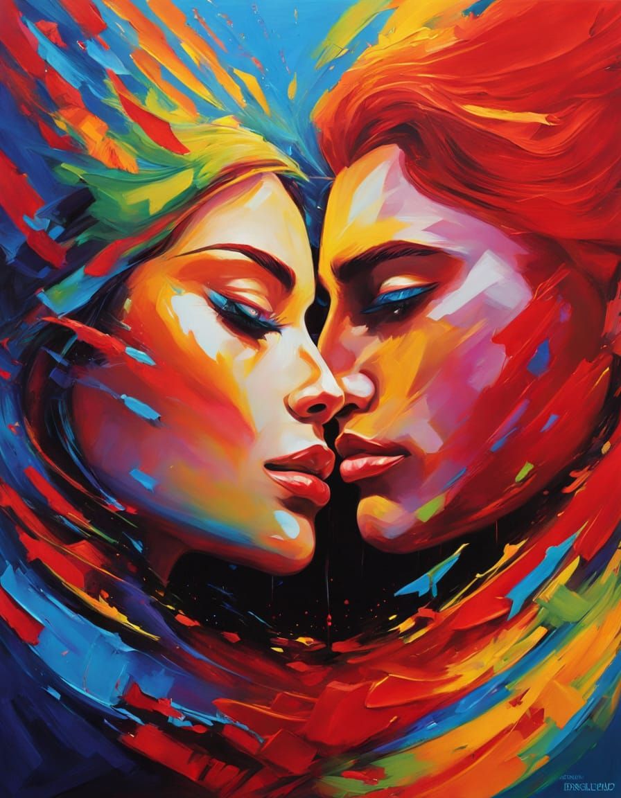 Symbolist Embrace Amidst Chaos in Vibrant Acrylic