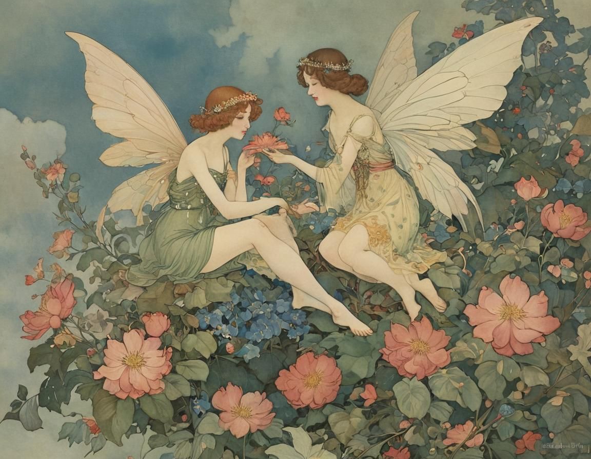 Fairies on Flower Petals in Golden Age Style