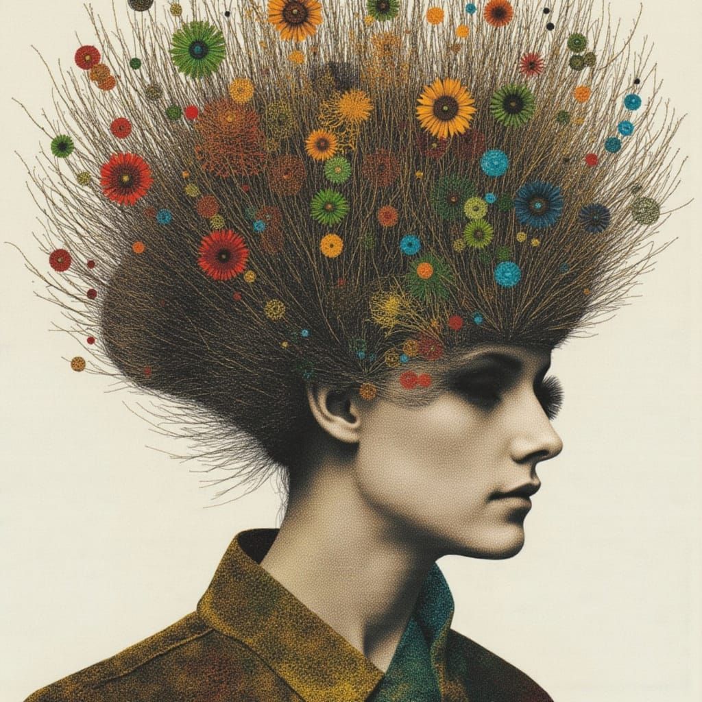 Woman with Plants: Mixed Media Collage in Scratch Art Style