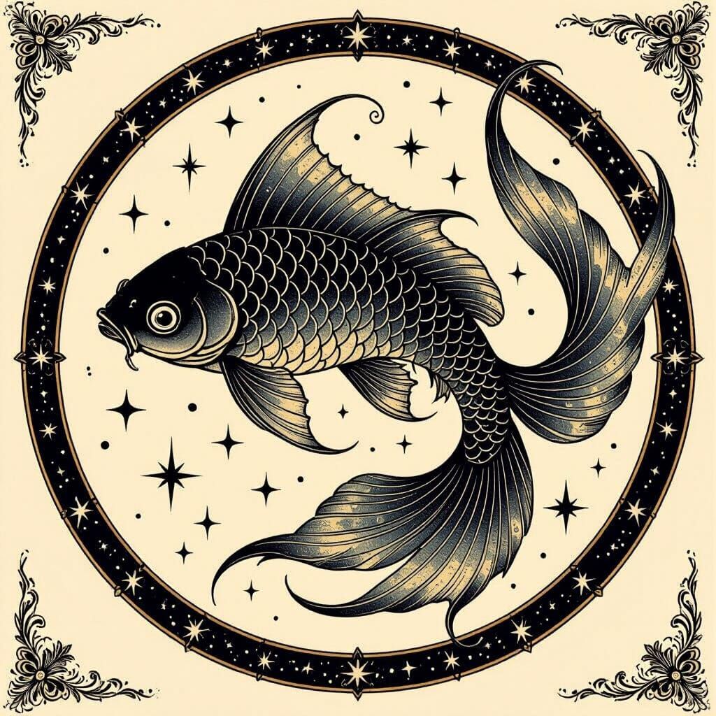 Celestial Fish Tattoo Flash Sheet in Art Nouveau Style