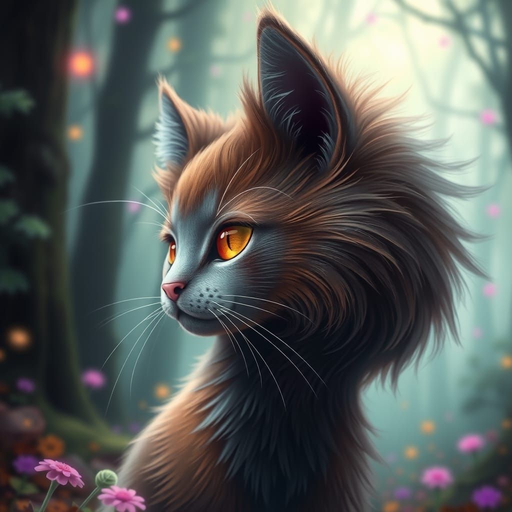 Fantastical Canine Feline Hybrid in Vibrant Mystical Forest