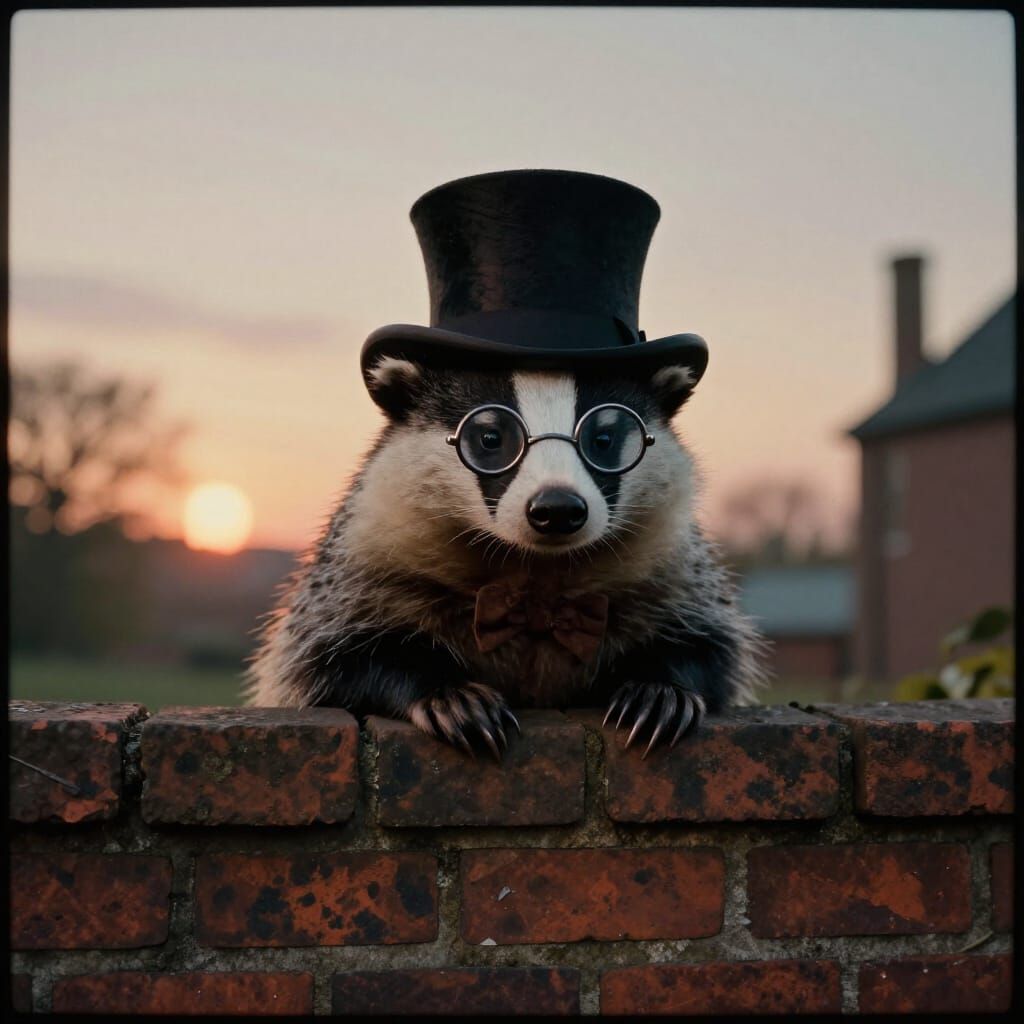 Mischievous Badger in Top Hat Peering Over Wall