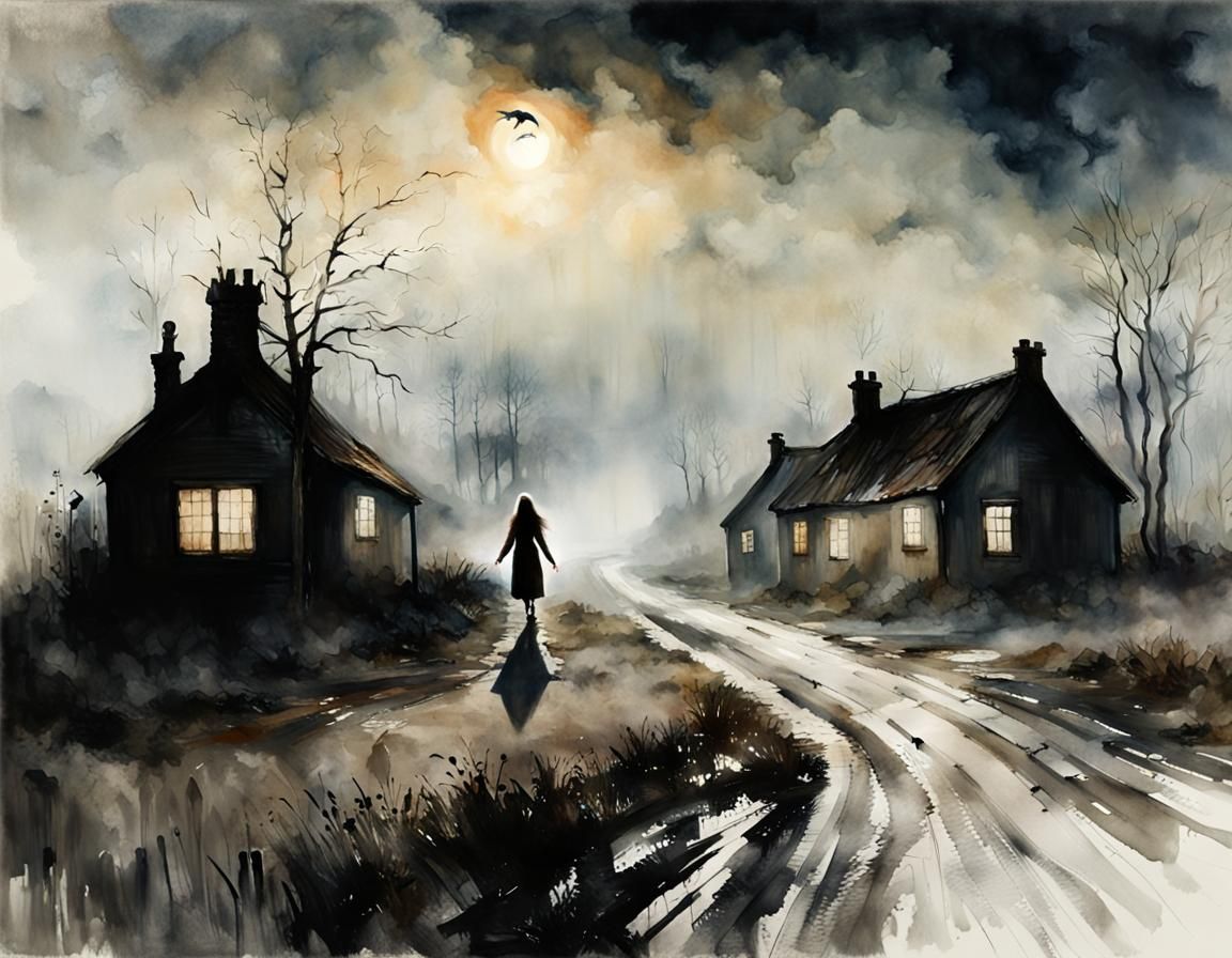 Woman's Desperate Cry on Foggy Moor: Watercolor Surrealism