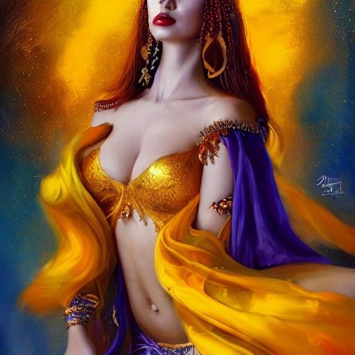 Exotic Belly Dancer in Detailed Oil Painting Style