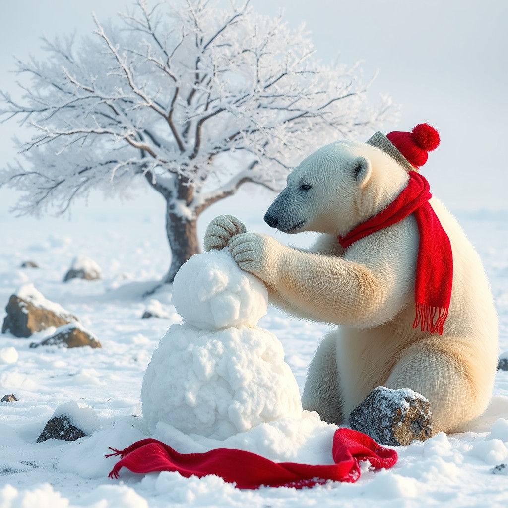 Polar Bear in Photorealistic Snowman Scene
