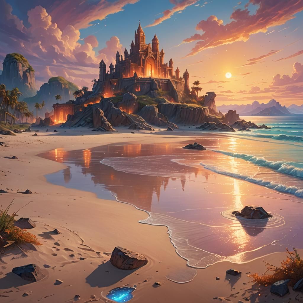 Mystical Island Ruins at Sunset: Fantasy Oil Painting