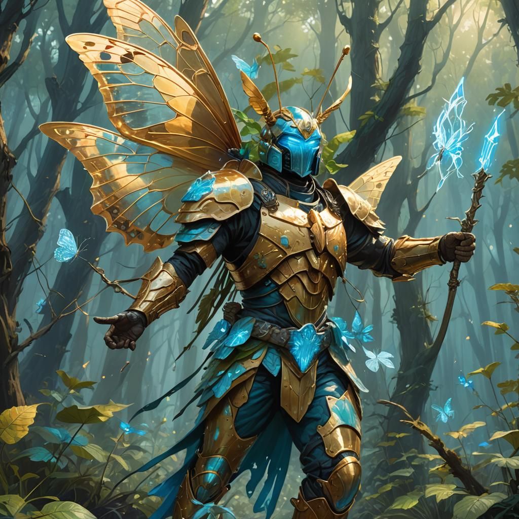 Butterfly Warrior in Lush Ecosystem, Fantasy Digital Art