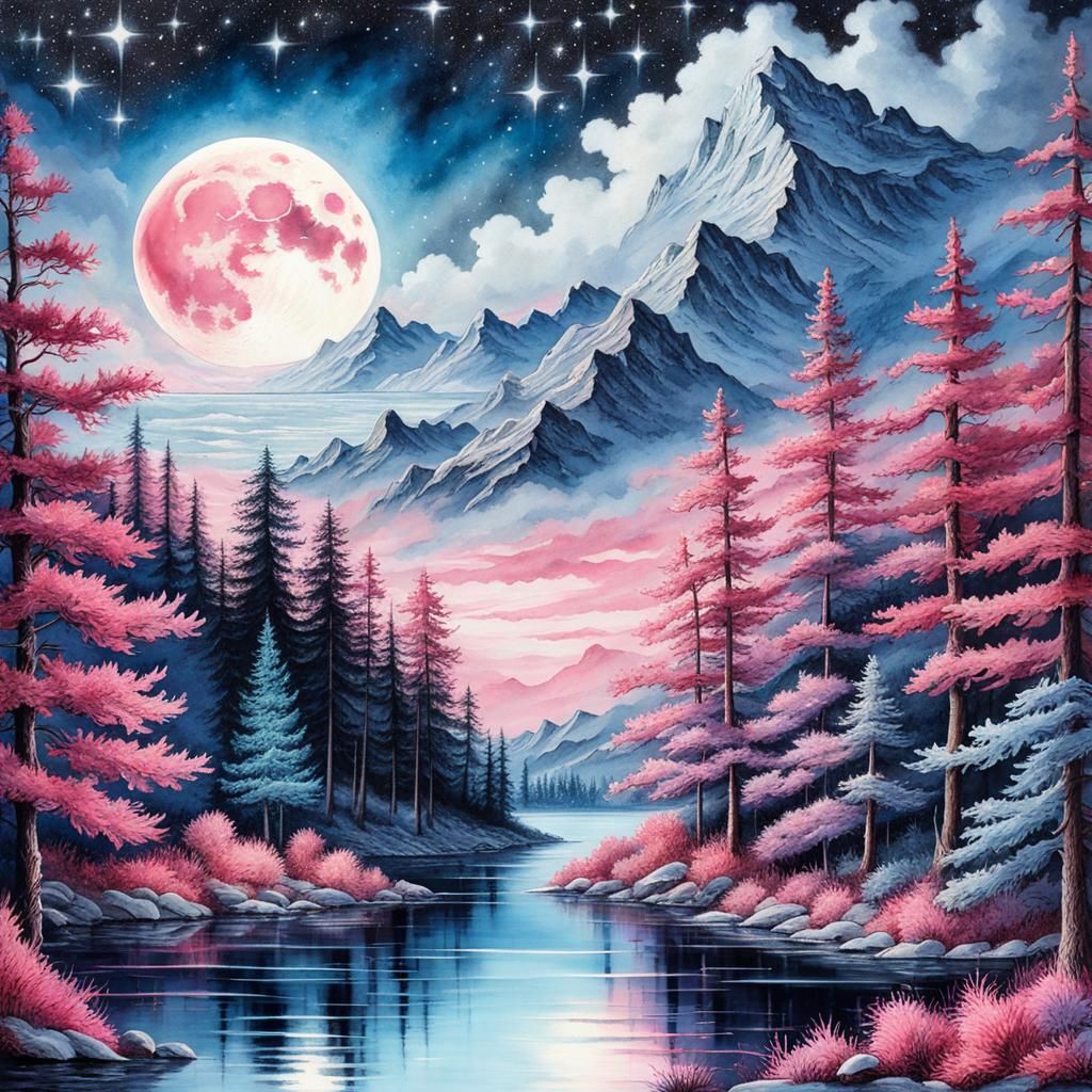 Watercolor Moon Over Mountain Lake