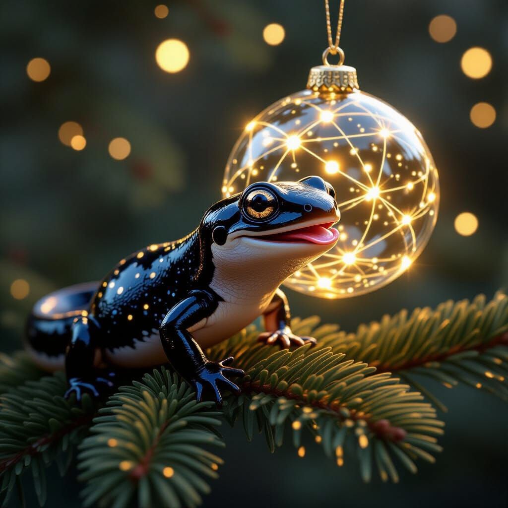 Cute Salamander and Glowing Orb on Spruce Branch