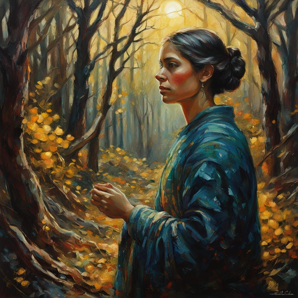 Baroque Woman in Forest with Golden Light