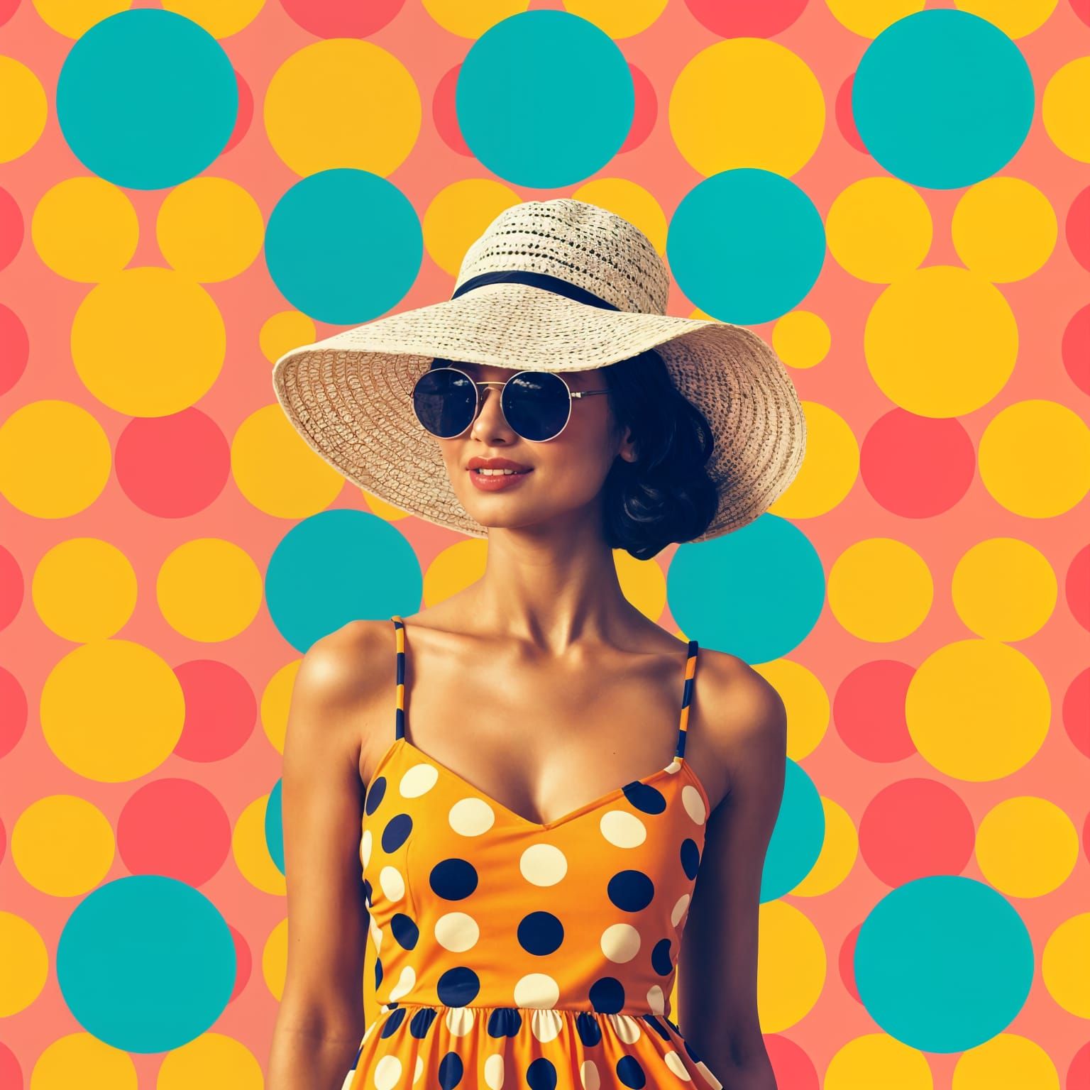 Pop Art Woman in Polka Dot Dress with Neon Dots