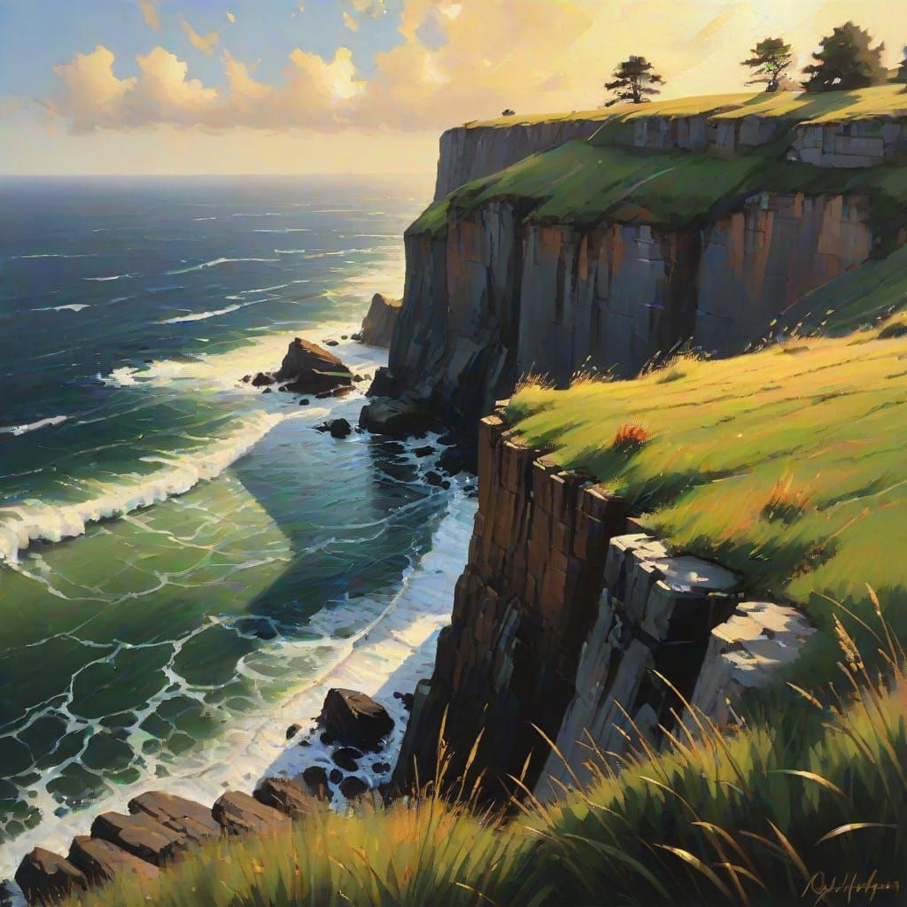 Cliffside Oil Painting with Impressionistic Brushstrokes