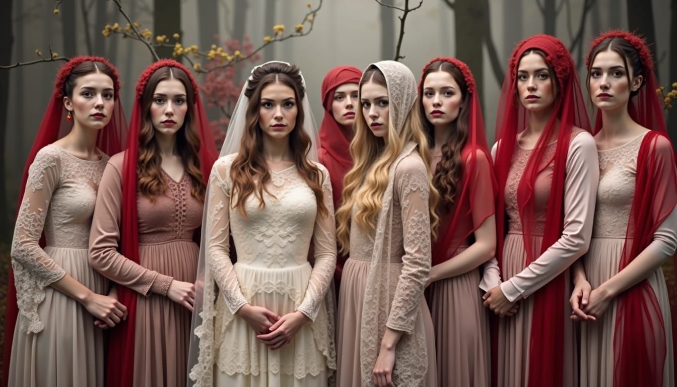 Red Misty Forest Bridal Party in Morning Dew