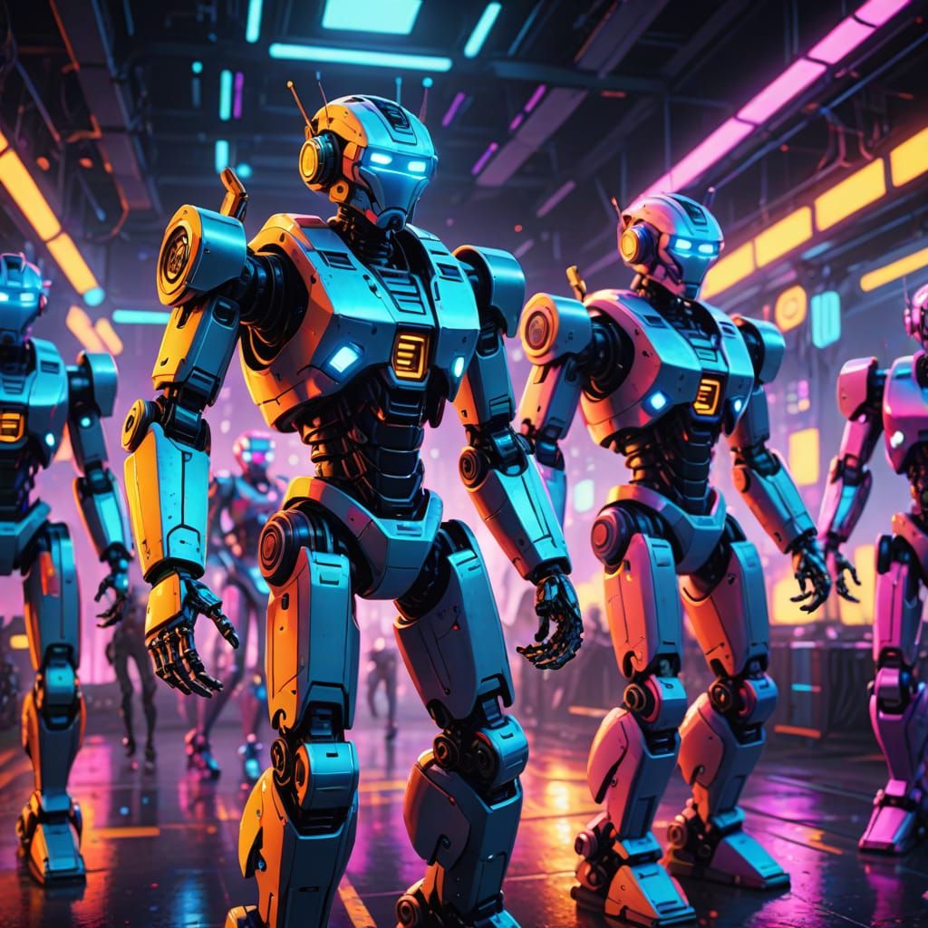 Vibrant Digital Robots Dancing in Neon Lights