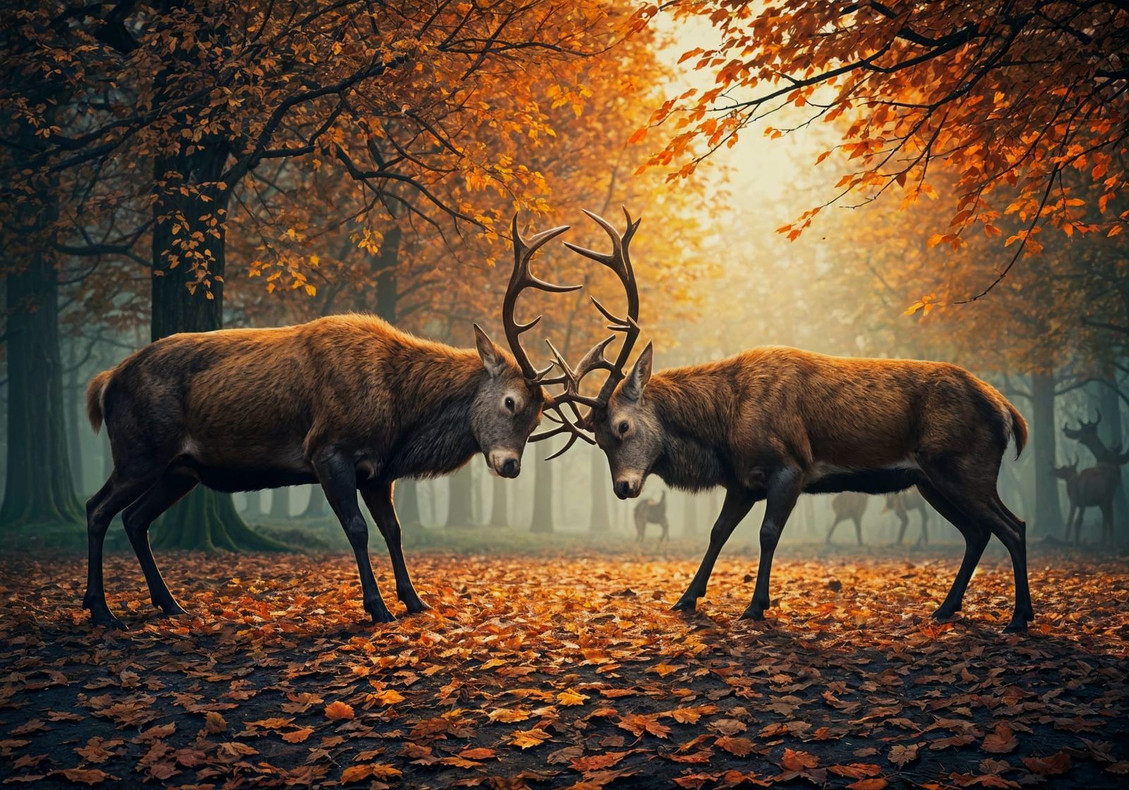 Majestic Deer Clash in Autumn Dawn