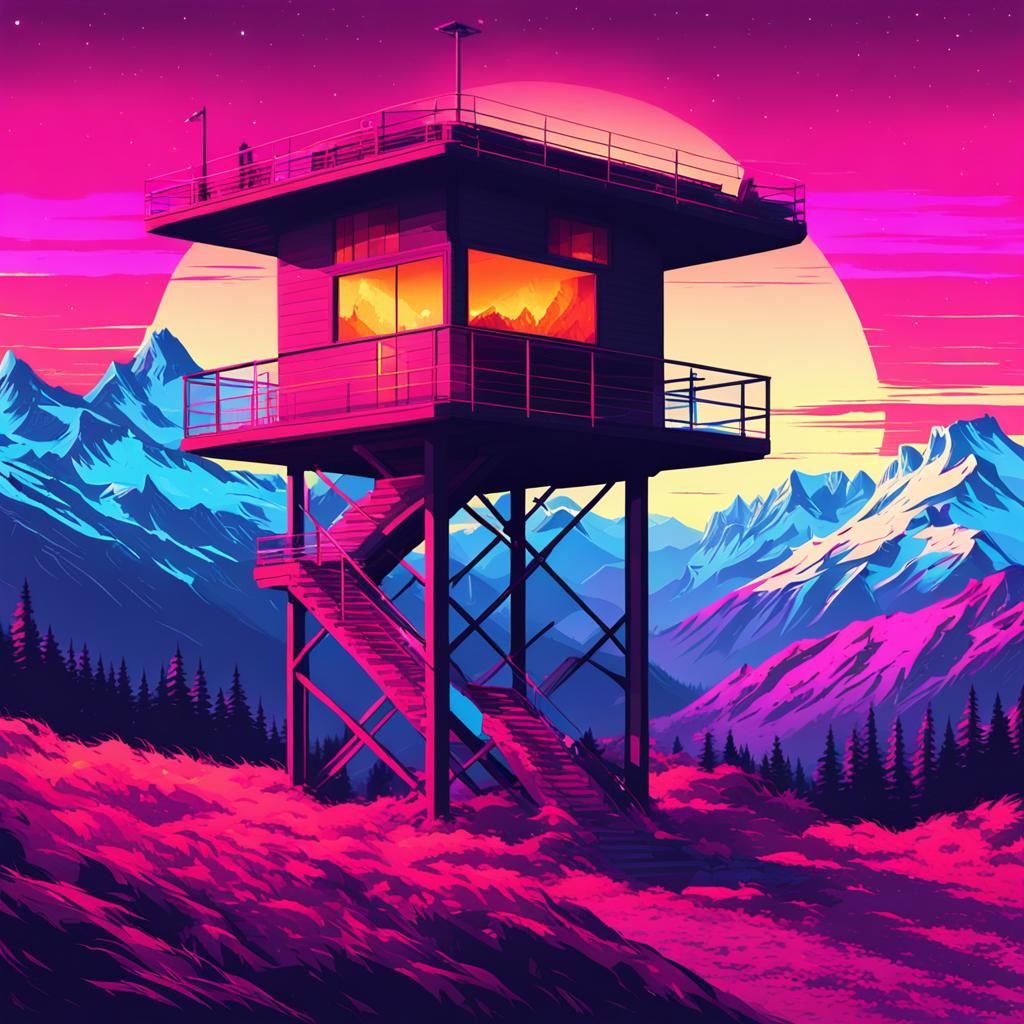 Synthwave Fire Watch Tower in Swiss Alps
