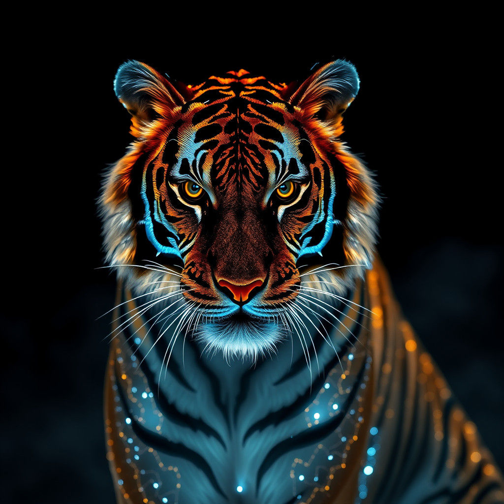 Luminous Electric Tiger Portrait on Black Background