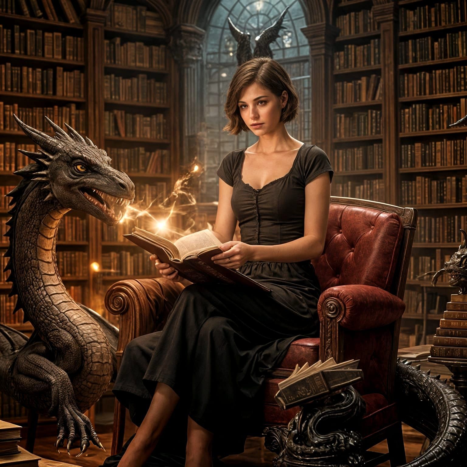 Girl Reading in Magical Library: Cinematic Film Still
