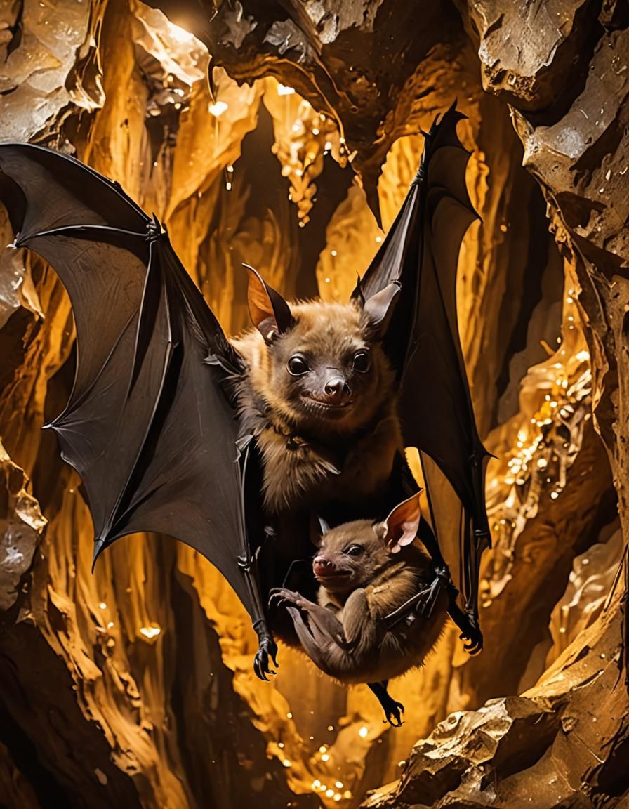 Loving Mother and Baby Bat in Golden Cave