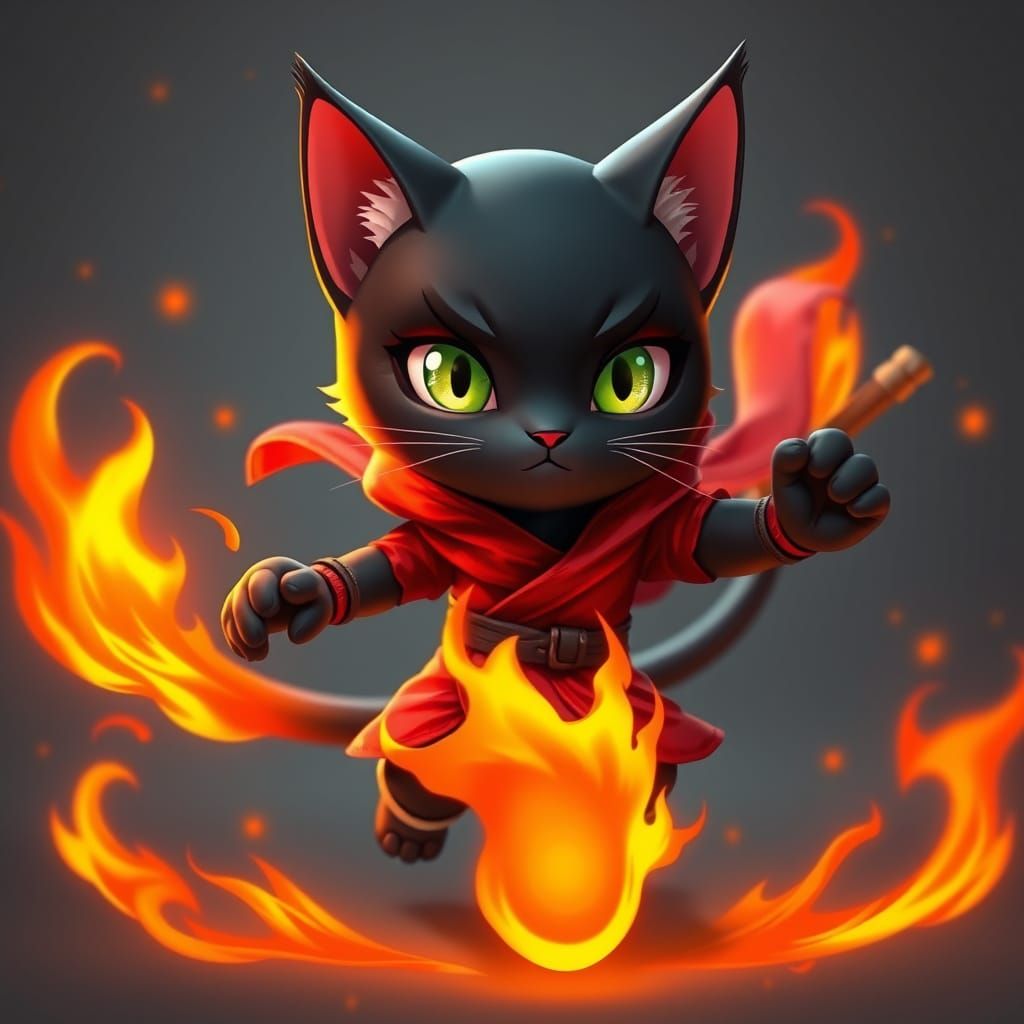 Sleek Anime Ninja Cat Ignites with Vibrant Flames
