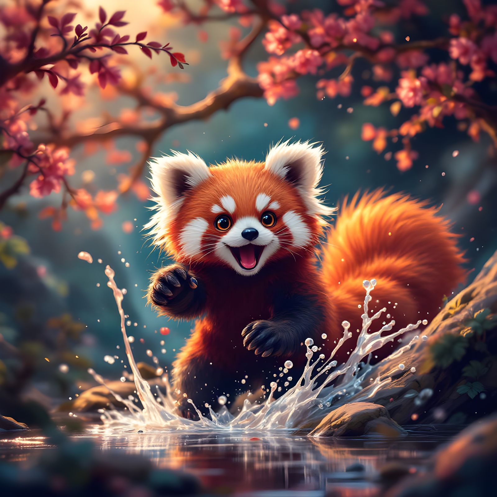 Cartoon Japanese Red Panda Yokai in Matte Painting Style