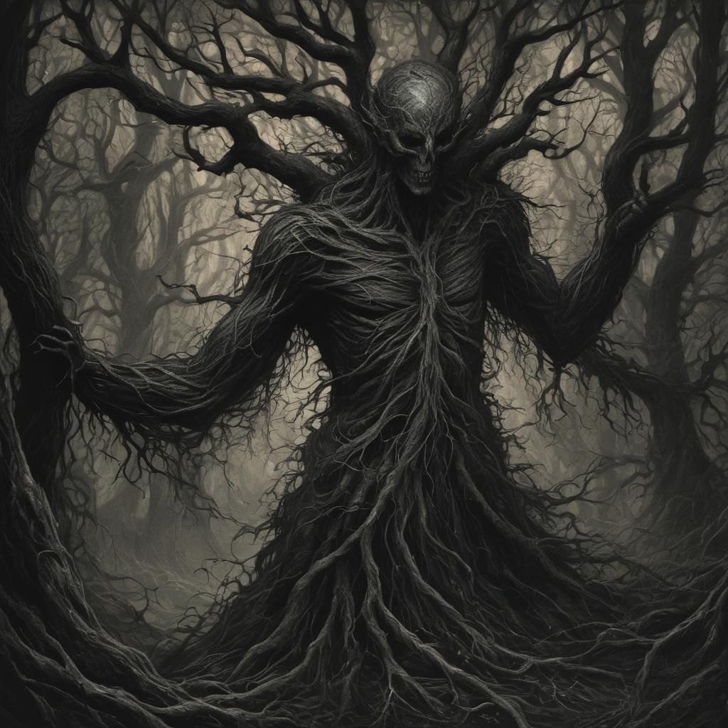 Surreal Dark Fantasy Ink Art: Haunting Forest Figure