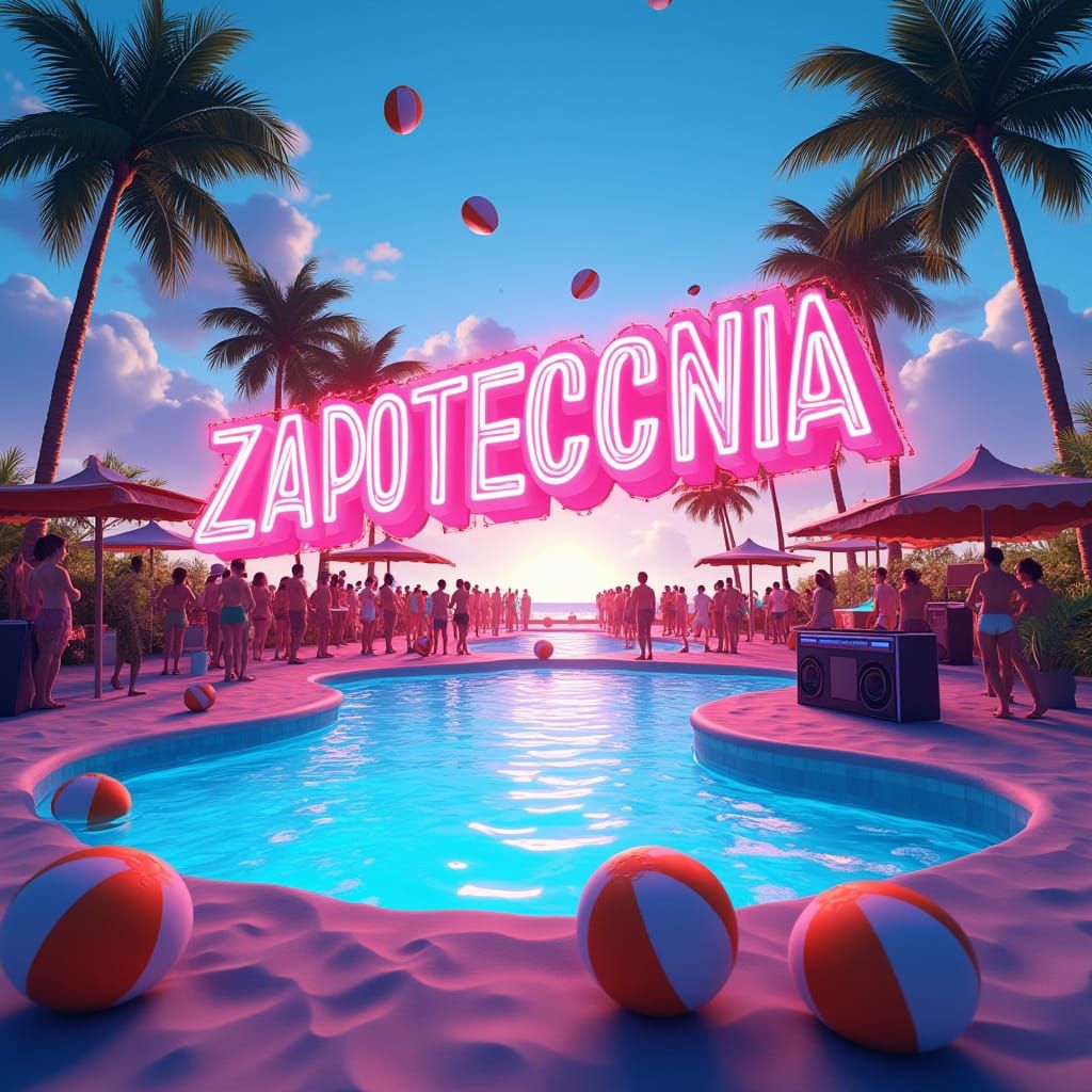 Vibrant Tropical Beach Party Poster in Cartoon Style