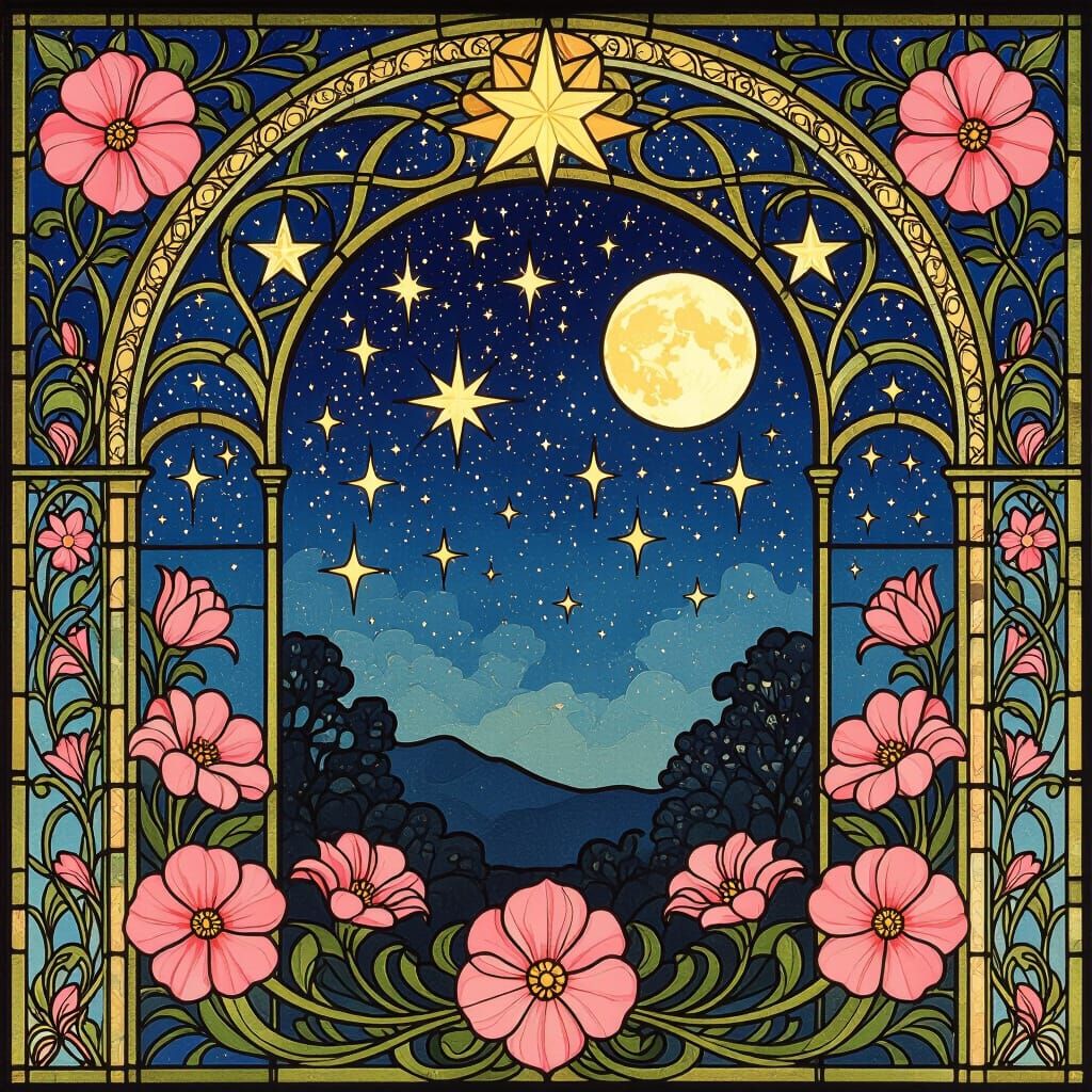 Stained Glass Starry Night in Art Nouveau Style