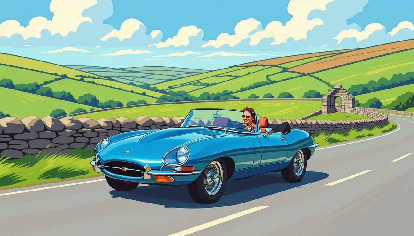 Jaguar XKE Races Through Northern England Landscape