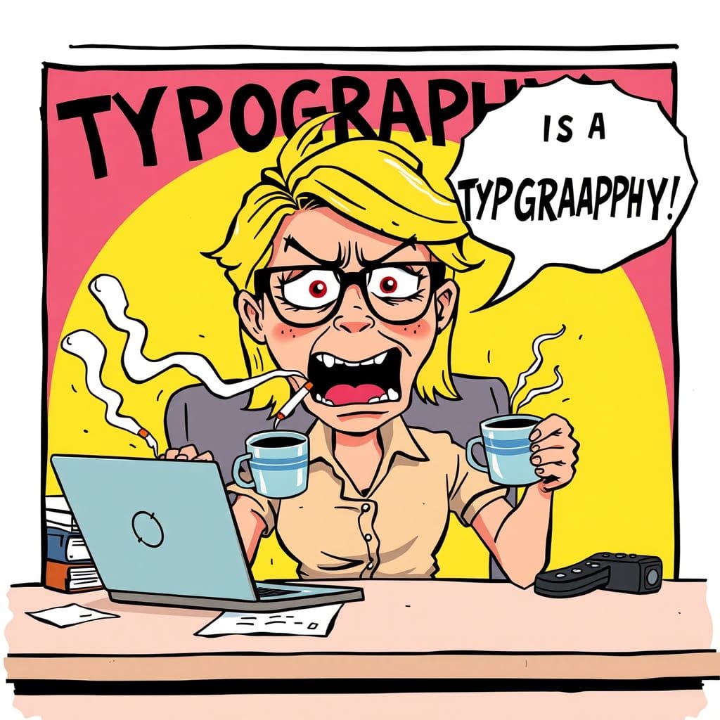 Frazzled Cartoon Woman Typing Away in Chaos