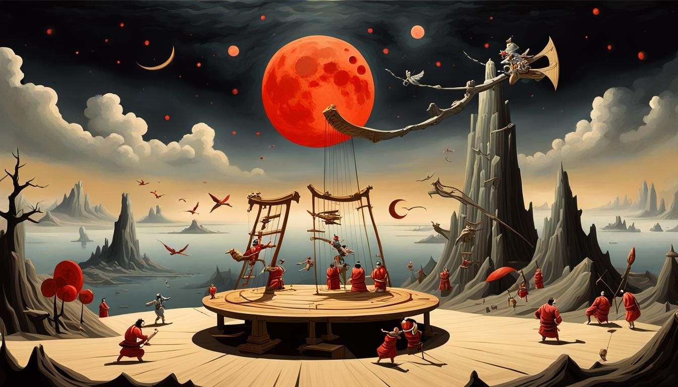 Generate a painting by Yves Tanguy, 3D and HD, a table, a wi...