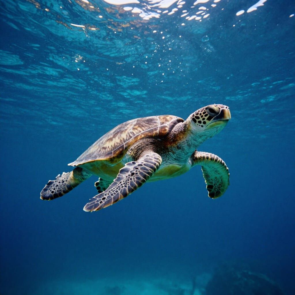 Majestic Sea Turtle in Sun-Dappled Aquarium