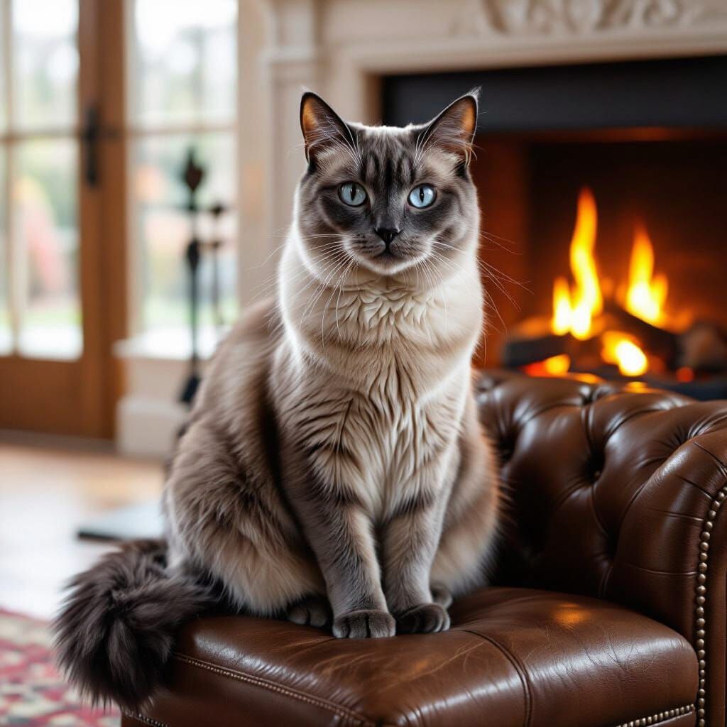 Photorealistic Siamese Cat on Leather Chair by Fireplace