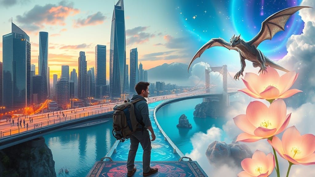 Wonderful Adventurer Stands at Threshold of Fantastical Brid...