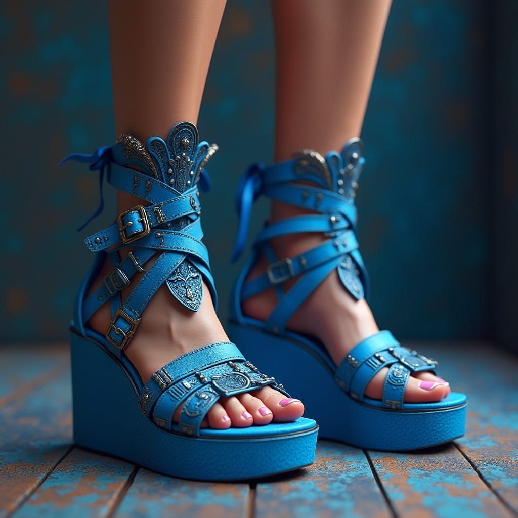 Vibrant Blue Platform Sandals in a Fantastical Realm