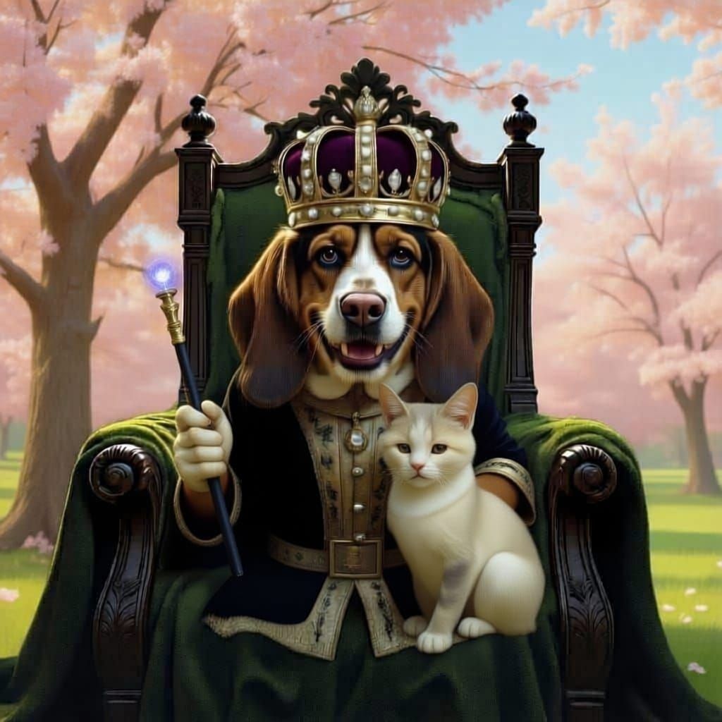 Melancholic Basset Hound on Throne in Ancient Castle Oil Pai...