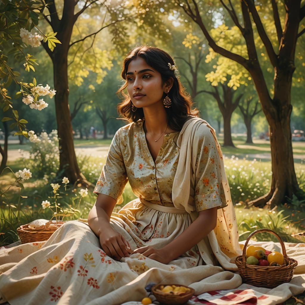Serene Indian Woman's Picnic in Impressionist Style