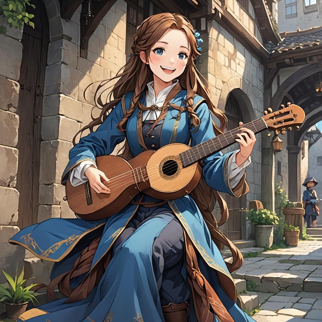 Medieval Woman with Lute in Anime Style