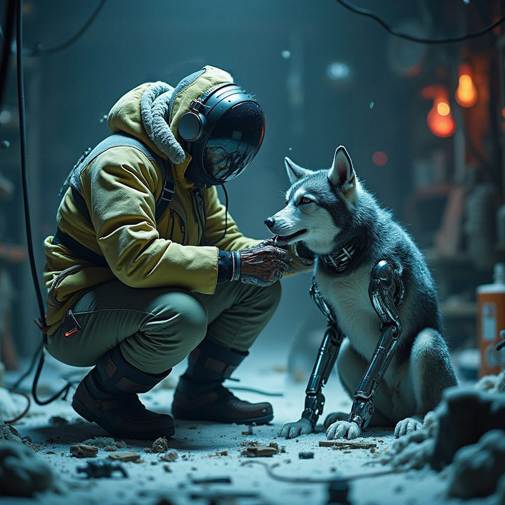 Cyberpunk Inuit Mechanic Repairs Cyborg Huskies