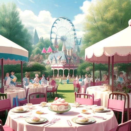 Miniature Amusement Park in Teacup, Whimsical Illustration