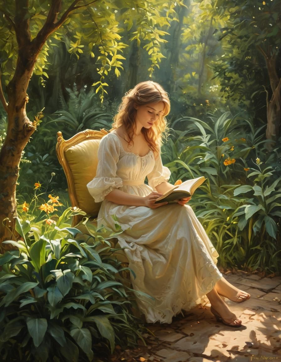 Rococo Painting of a Woman Reading in Garden