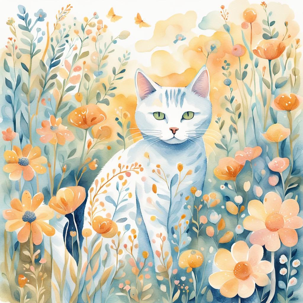 Wonderful Whimsical Cat in a Vibrant Garden