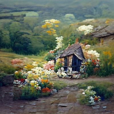 Cottage Surrounded by Flowers in Oil Painting Style