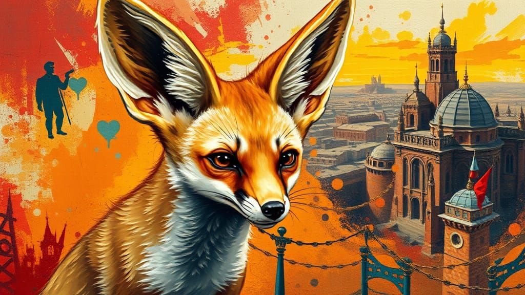 Fennec Fox Impasto Painting with Cityscape Background