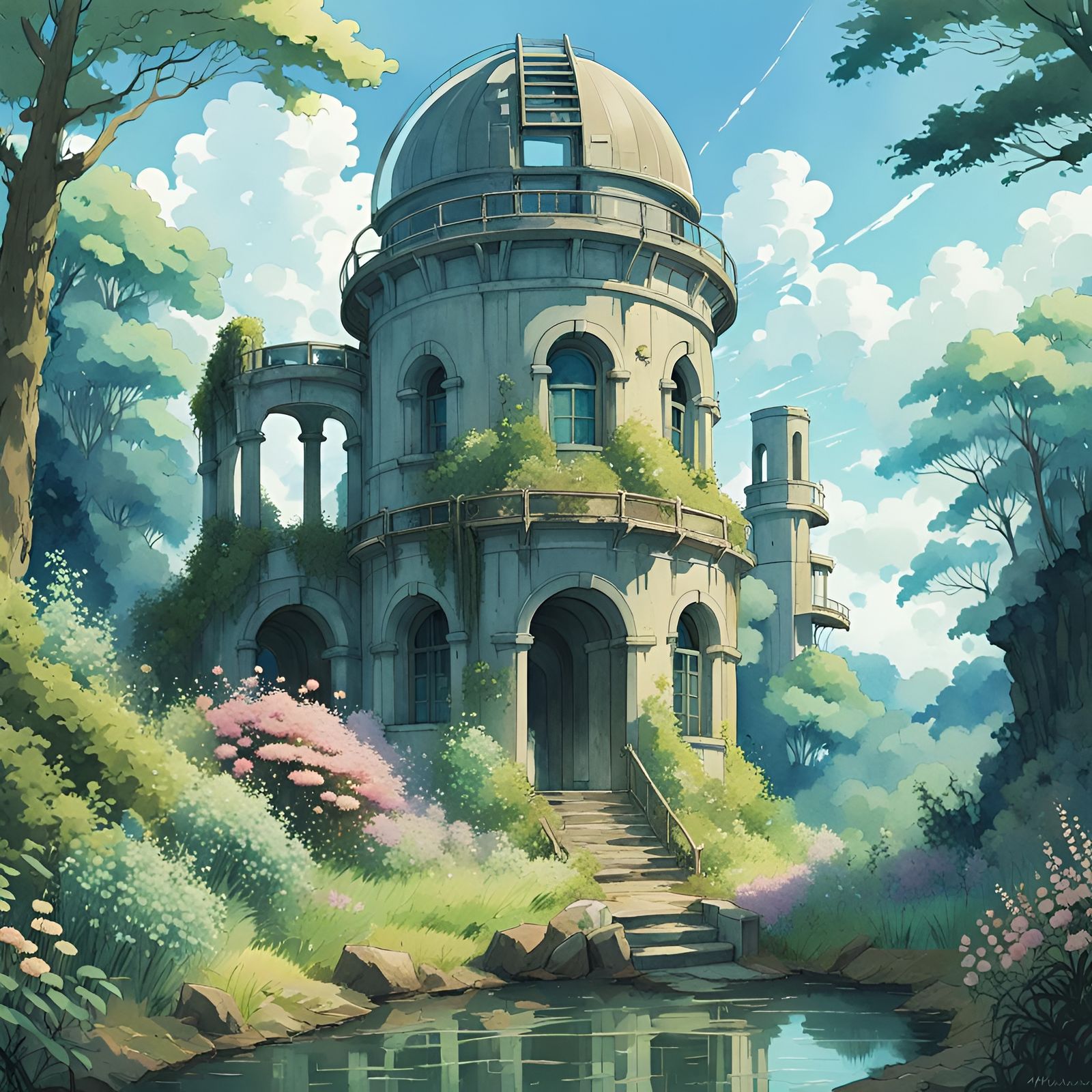 Overgrown Observatory Ruins in Anime Style