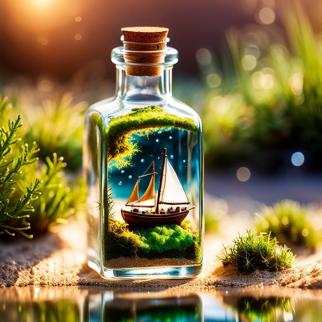 Miniature Sailboat in Glass Bottle: Macro Photography