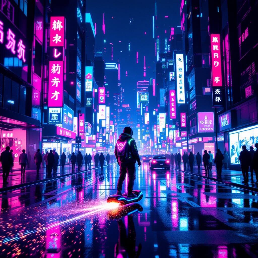 Futuristic Neon City Street at Night with Hoverboard Rider