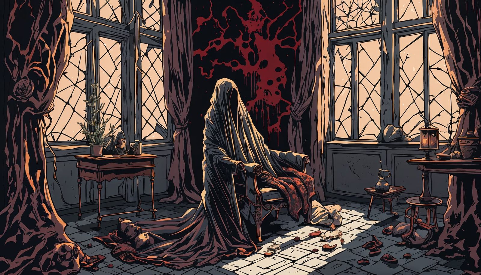 Eerie Gothic Mansion Scene with Decaying Body