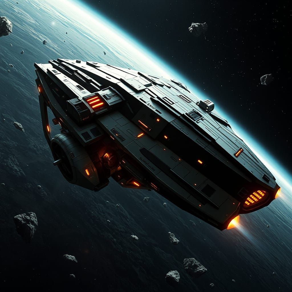 Colossal Spaceship Navigates Asteroid Belt in Deep Space