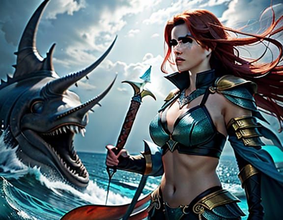 Heroic Battle between Red Haired Warrior and Dark Sea Monste...